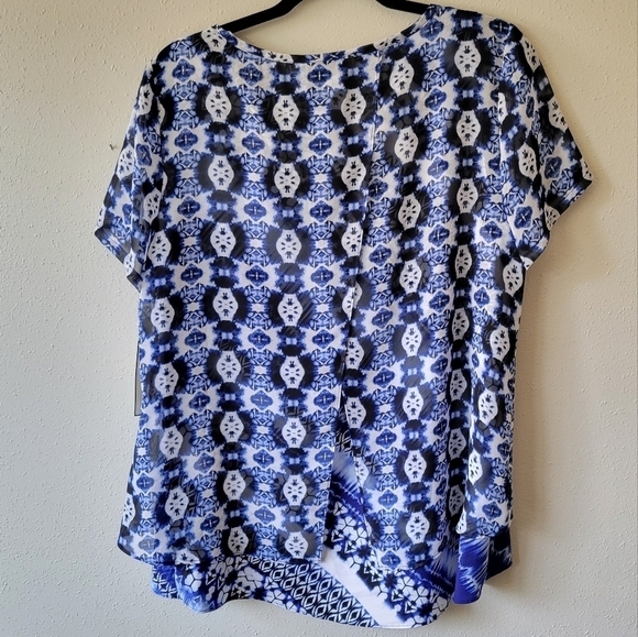 DANA BUCHMAN NWT Blue Shibori Tie Dye Chiffon Top Scarf Hem Modern Abstract  L - Picture 2 of 8